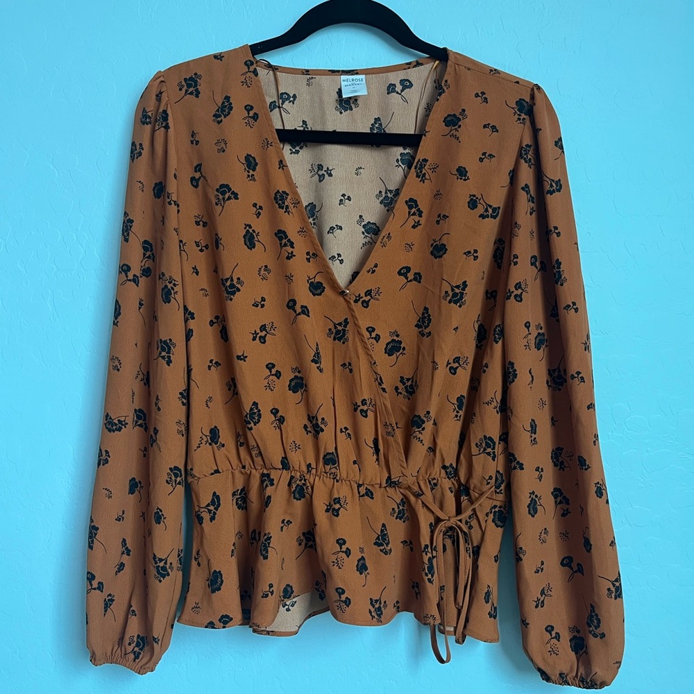 Melrose and Market Floral V-Neck Wrap Blouse - orange